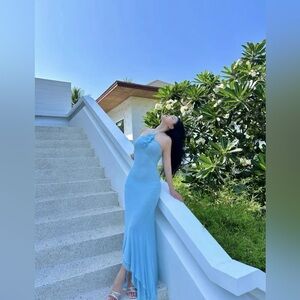 Stretchy floral baby blue cocktail dress